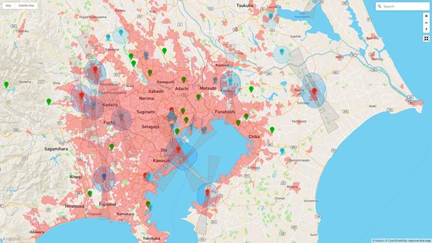 Map showing the Tokyo Bay area mostly in red