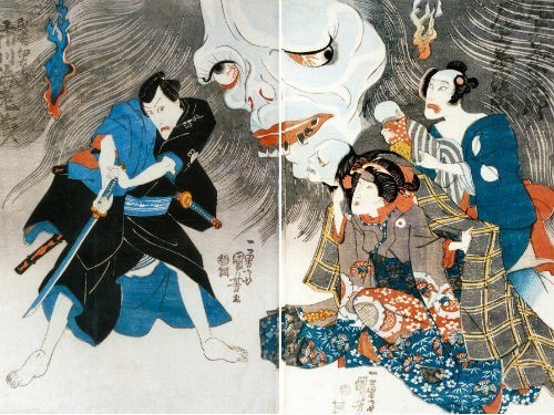 A woodblock print depicting the Yotsuya Ghosrt story.  Several characters, including a samurai, are threatened by the ghost of disfigures woman. Her face appears gigantic in the back of the drawing.