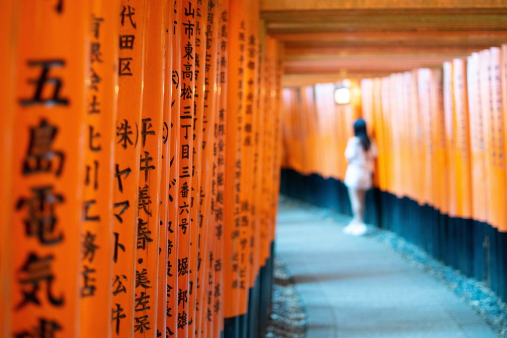 Japanese shrine red gates with kanji written on them