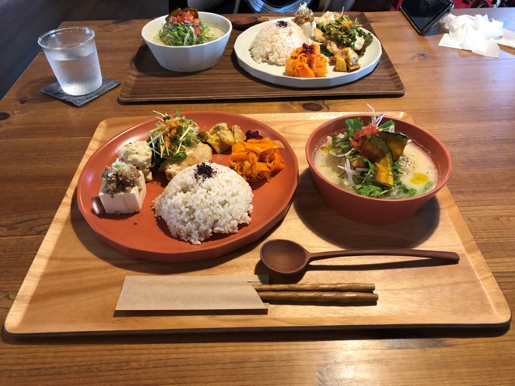 Japanese meal of tofu, rice, vegetables and soup