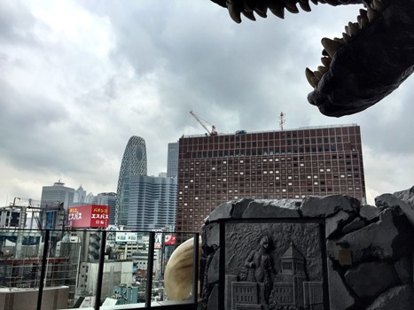 A view of the Shinjuku district as viewed from under the Godzilla statue's head