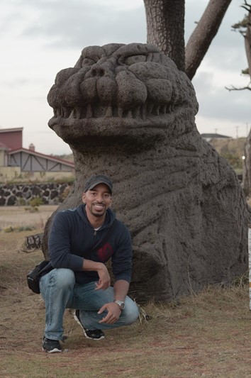 A Godzilla head statue