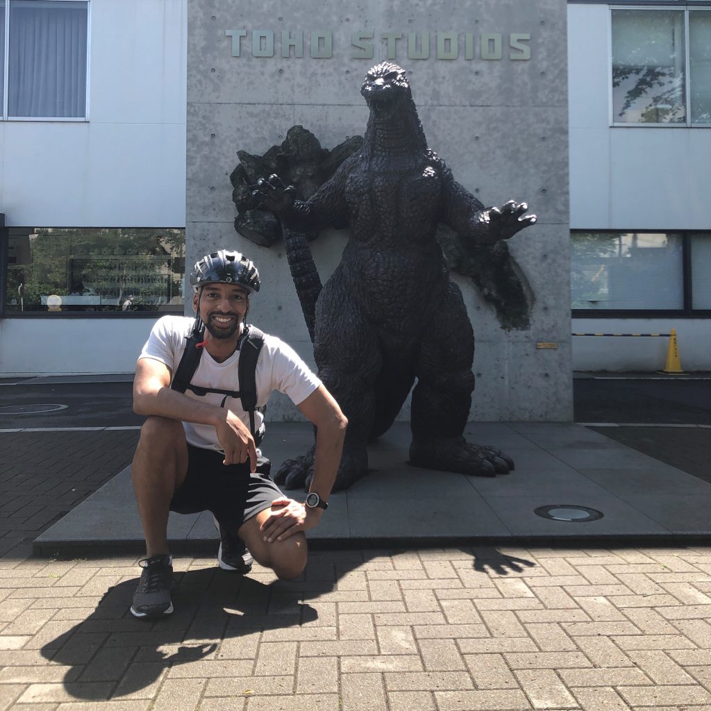 Human-sized Godzilla statue in front of Toho Studios