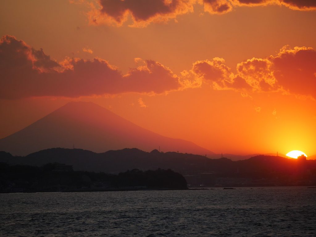 Sunset view of Mount Fuji from the sea