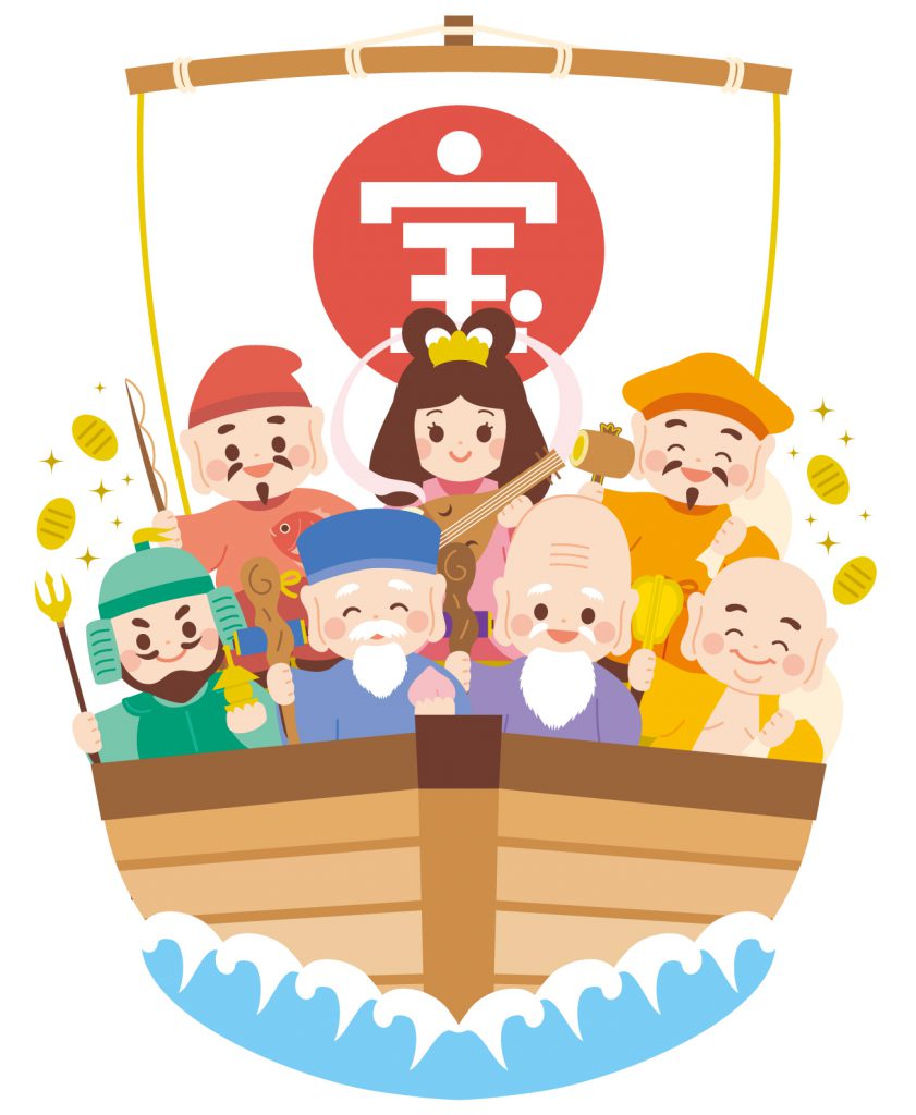 illustration of seven people on a boat with gold coins