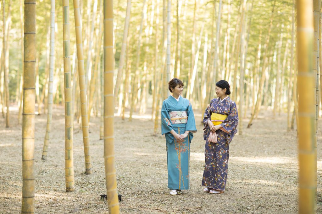 Two women dressed in kimono in a bamboo forest