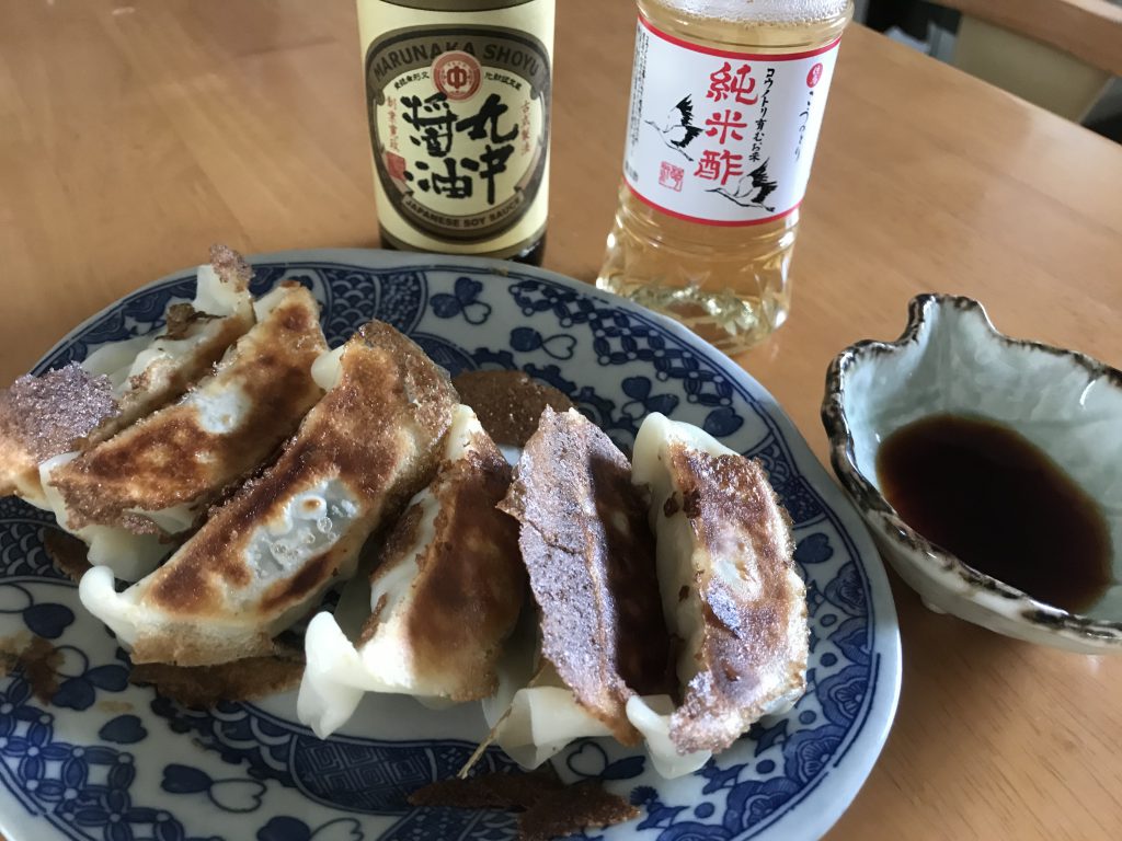 A plate of gyoza raviolis and a small cup of sauce