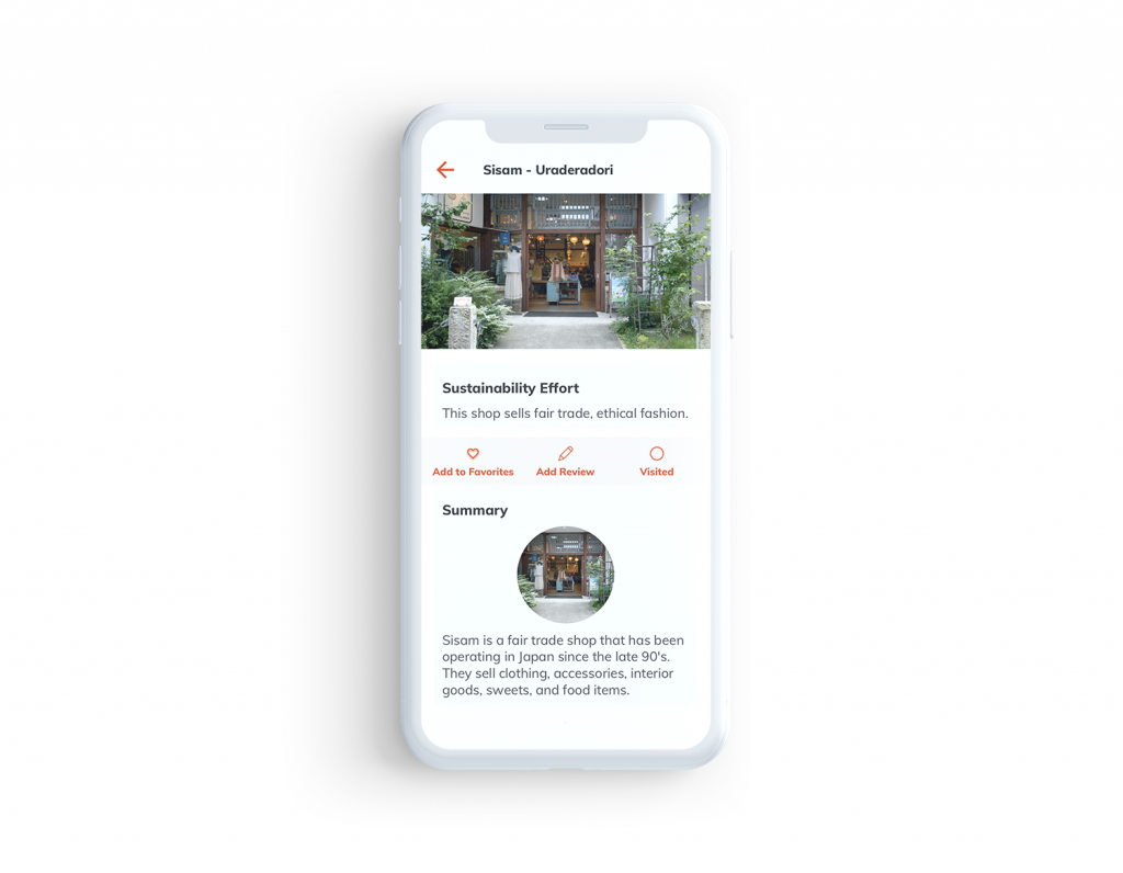 A screencapture of the mamoru app showing the description of a shop