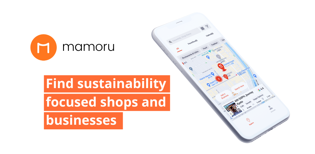 A screen capture of the mamoru app and its catch copy: "Find sustainability focused shops and businesses"