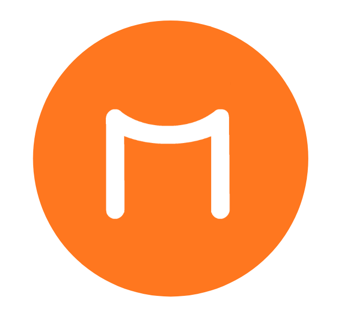 A torii-looking white M in an orange circle 