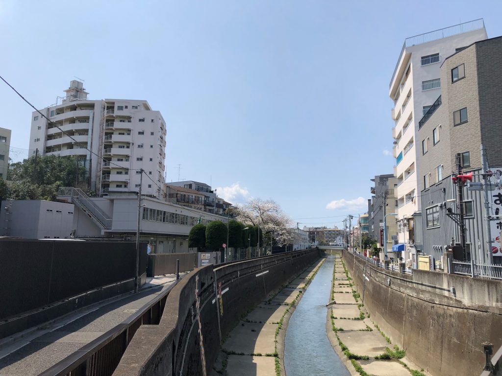 A small river is flowing between buildings