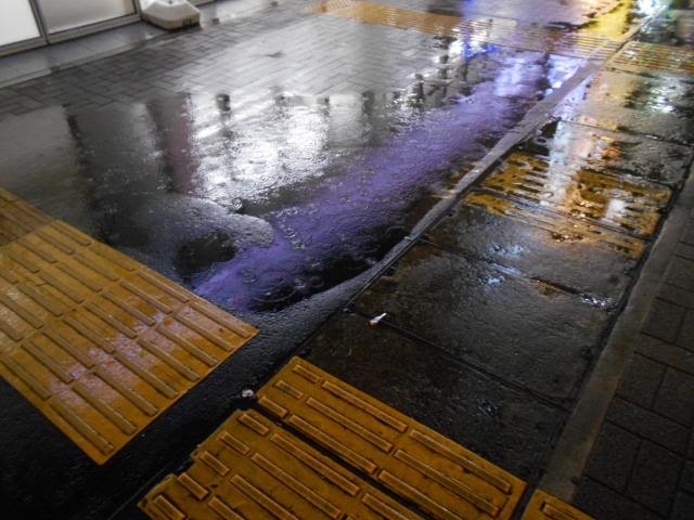 Braille blocks that look slippery under the rain. There is a space between two of them.