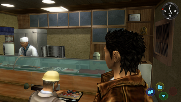A screen capture of the game Shenmue shows the main character entering a sushi shop