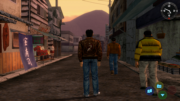 A screen capture of the game Shenmue shows the main character walk in a street in Yokosuka