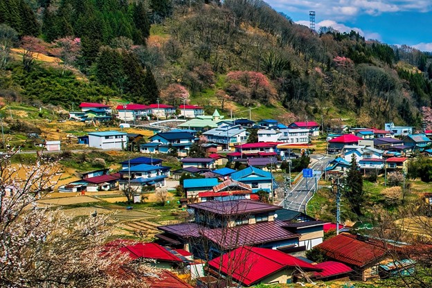 Small houses with colorful roofs in rural Japan.