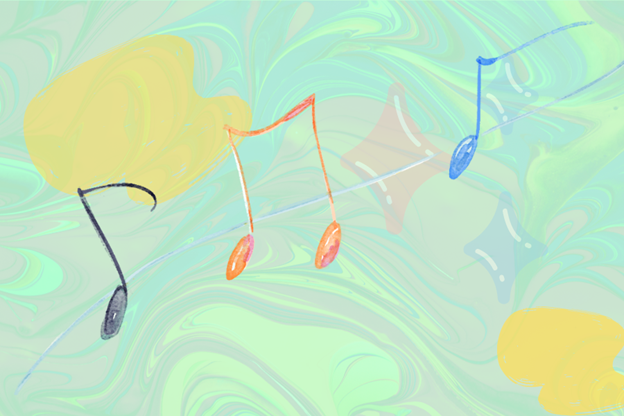 Music notes dancing on a colorful background