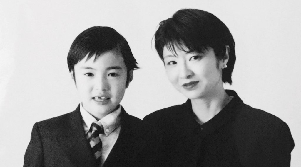 Black and white formal photogrqphy of Manabu Goto and his mother