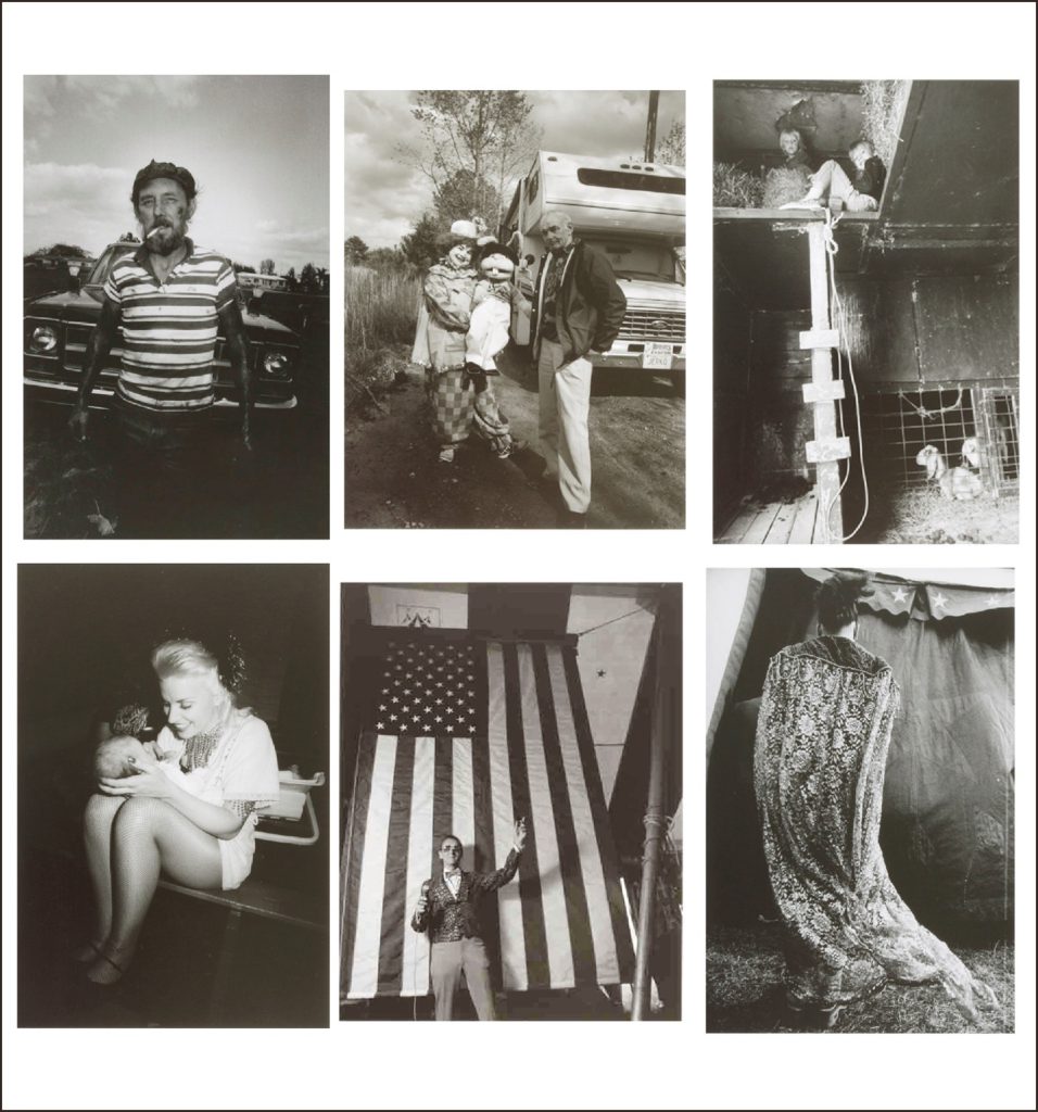 A variety of black and white pictures of circus artists