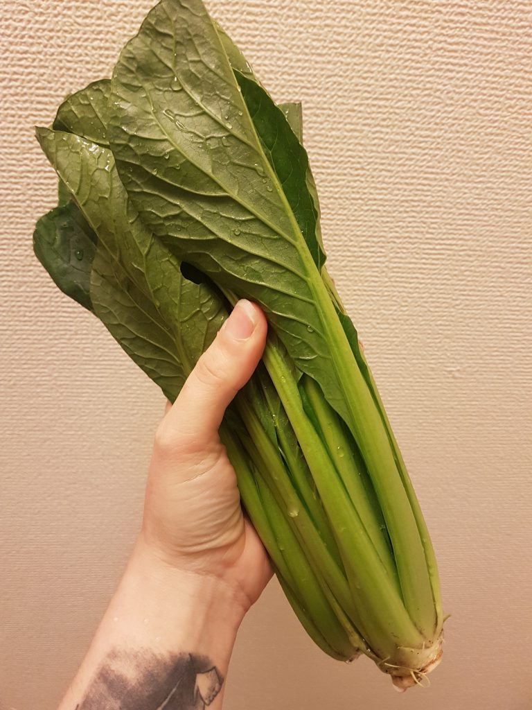 Melanie's hand holds green vegetables from Higa Farm