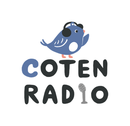 The Coten Radio logo. It is a blue bird with headphones standing on letters that say "Coten Radio," with the "i" in the shape of a microphone.