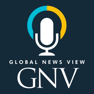 The logo of global news view. It is a white microphone in front of a blue and orange circle. Under it is written the text "global news view" and the letters "GNV"