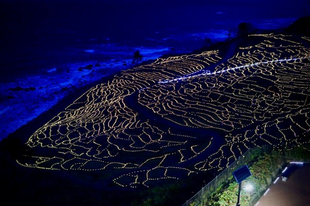 The shape of terraced rice fields is illuminated at night.