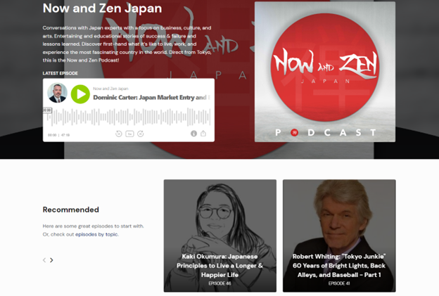 A screencapture of the Now and Zen Japan podcast's official website shows suggestions of recommended episodes at the bottom.