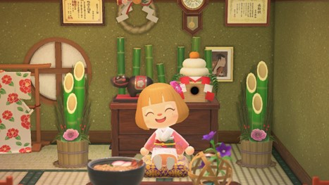 A character from animal crossing is sitting in a room full of Japanese traditional items