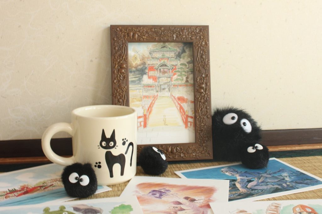 Studio Ghibli memorabilia: postcards, mug cups and stuffed creatures
