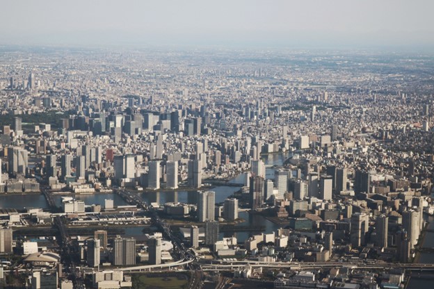 An aerial vue of Tokyo shows a grey jungle of skyscrapers extending until the horizon. Here and there we can see bridges crossing rivers and patches of green that seem to be parks. Still, the general impression is to be overwhelmed by tall, concrete buildings.